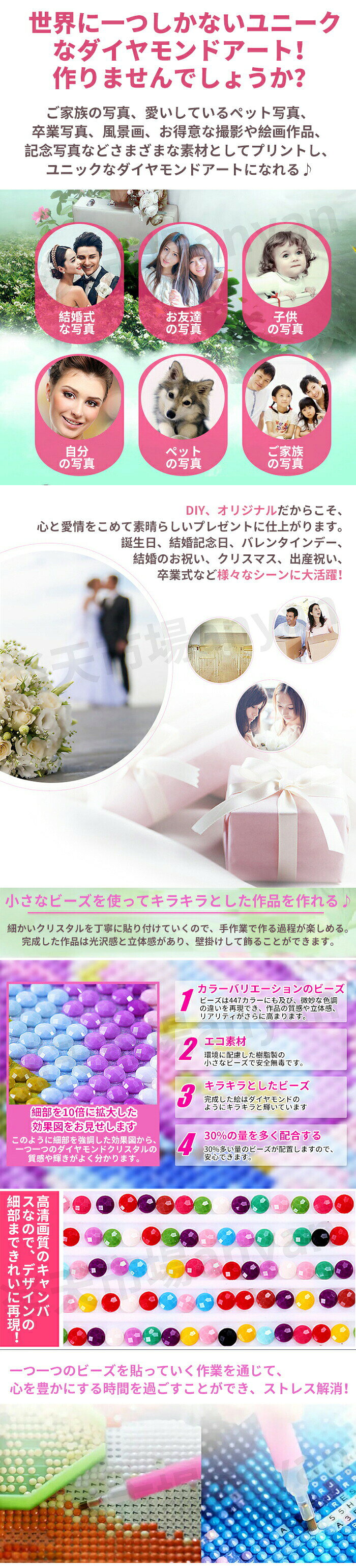 1枚で8％、2枚で15％1枚2023 3/11迄 ダイヤモンドアート オーダーメイド 写真からオーダー ペット 芸術品 diy 手芸キット 樹脂ビーズ 犬 猫 写真入りダイヤモンドアート メモリアルグッズ 母の日 父の日 プレゼント 婚祝い オリジナル 初心者 大人/子供向け 2