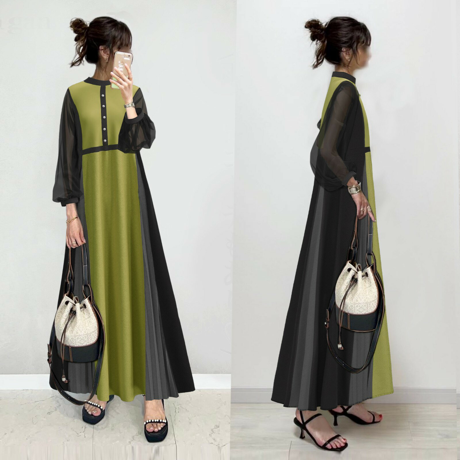上品 レディース ロングワンピース シフォン袖 洗練 すっきり見え バブルスリーブ ハーフロング袖 ゴム締めウエスト パネルドレス プリーツ加工 フェミニン オンワード 秋春 可愛い ワンピース