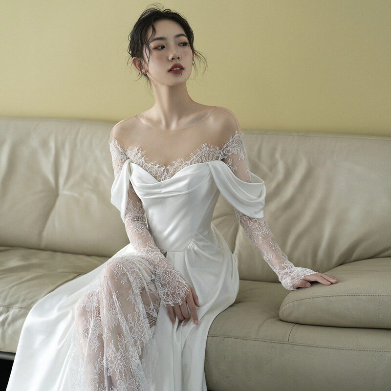 送料無料 ウェディングドレス 二次会ドレス 白 レース サテン ドレス 結婚式ドレス 花嫁ドレス ホワイト シースルー セクシー ロングドレス ブライダルドレス スリット 長袖 Aライン ウェディング 海外挙式 撮影 XS S M L XL
