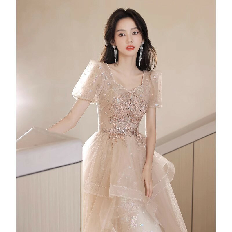 送料無料 イブニングドレス ロングドレス 発表会ドレス シャンパン色 フレア フリル 花柄 パープル オシャレ ロング Aラインドレス パーティードレス 結婚式ドレス 二次会ドレス XS S M L XL XXL 2