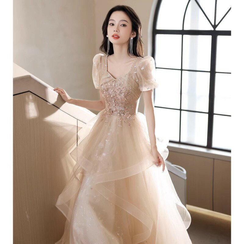 送料無料 イブニングドレス ロングドレス 発表会ドレス シャンパン色 フレア フリル 花柄 パープル オシャレ ロング Aラインドレス パーティードレス 結婚式ドレス 二次会ドレス XS S M L XL XXL 3