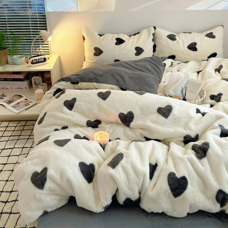 布団カバーセット 可愛いハート フリル 冬用 暖かい モコモコ シングル ダブル クイーン フランネル 3..