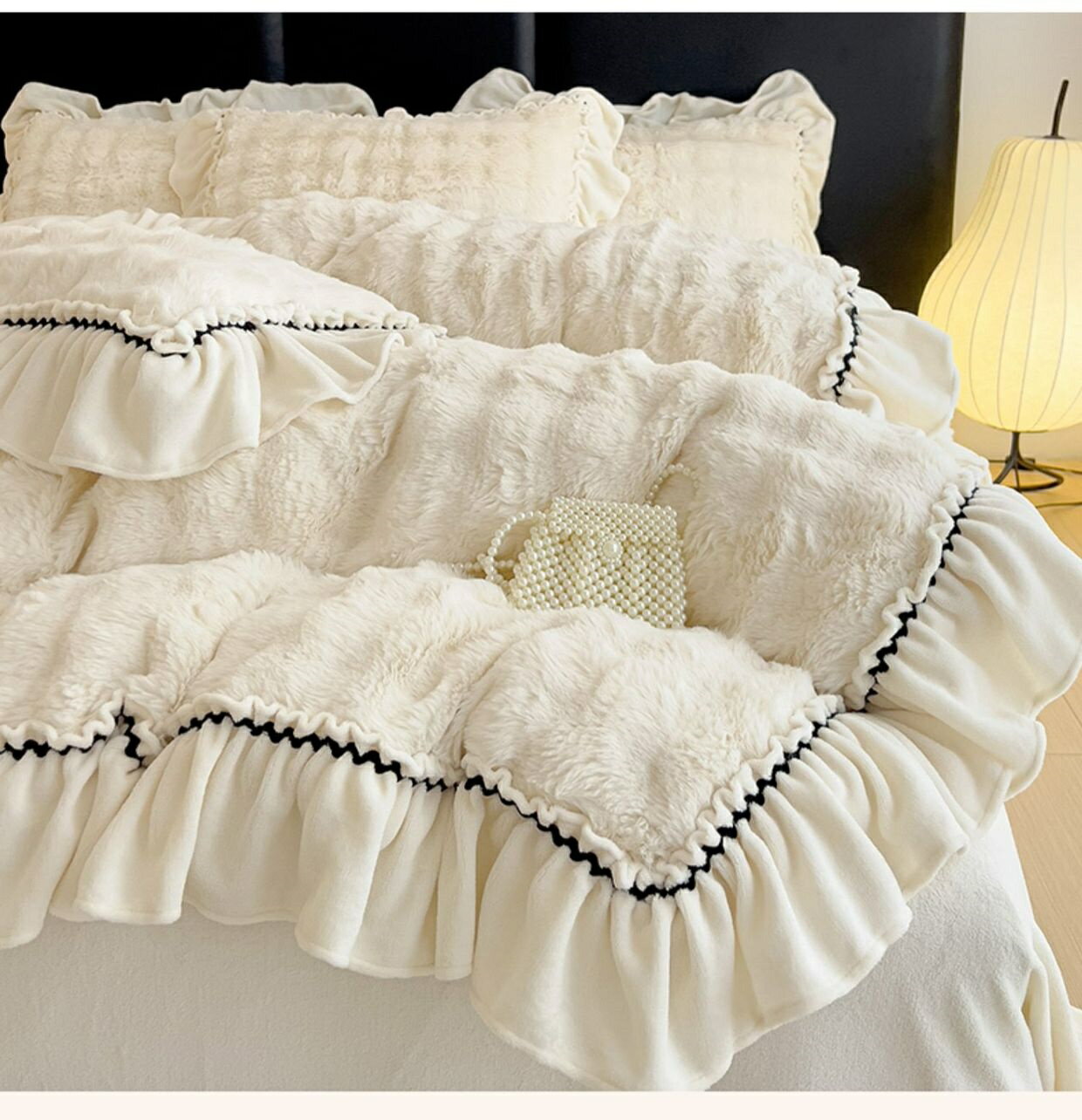 布団カバーセット 冬用 姫系 可愛いフリル 優しい肌触り モコモコ フランネル ふわふわ 暖かい ダブル ..