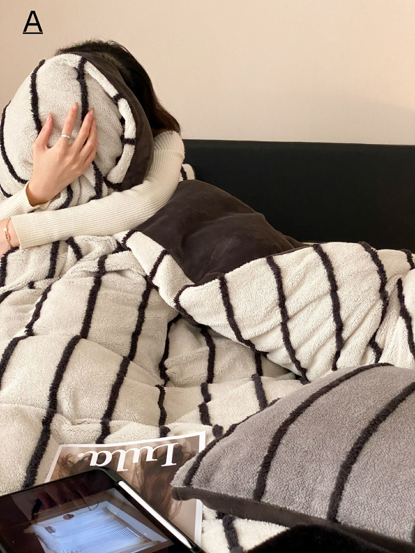 送料無料 布団カバーセット ストライプ柄 洋式・和式 寝具カバーセット 厚手 ふわふわ フランネル 韓国..