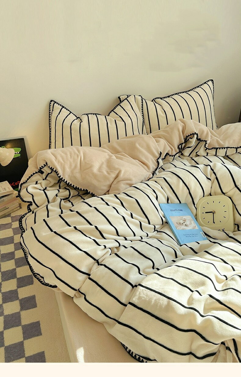 送料無料 布団カバーセット 洋式・和式 可愛い ストライプ柄 ふわふわ 厚手 フランネル 冬用 シングル ..
