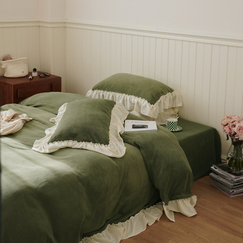 送料無料 寝具カバーセット 韓国風 可愛い フリル 優しい肌触り モコモコ フランネル ふわふわ 暖かい ..