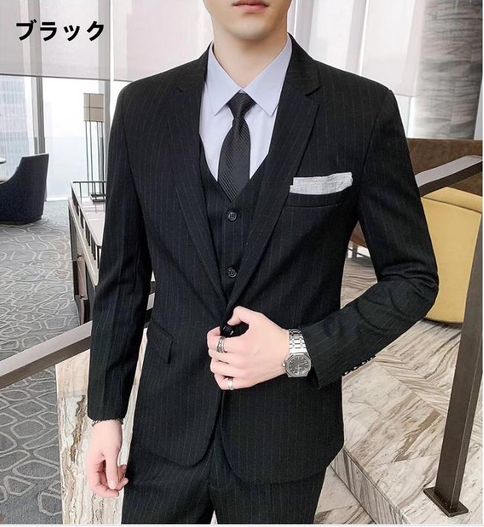 ビジネススーツ メンズ スーツ セットアップ スリーピース ストライプ柄 メンズスーツ 3点セット 大きいサイズあり パンツスーツ カジュアルスーツ セレモニー 男性用 フォーマルスーツ 紳士服 司会者 礼服 パーティー 通勤 就職活動 結婚式 花婿 撮影 おしゃれ 着痩せ