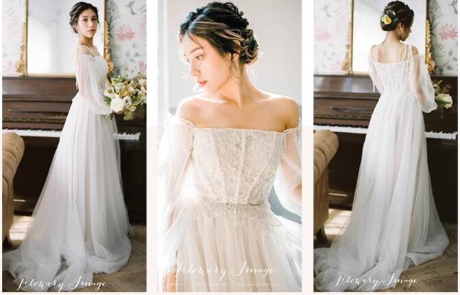 送料無料 ウェディングドレス オフショルダー チュールドレス 袖あり 花嫁ドレス 二次会ドレス 撮影 お呼ばれ プリンセスドレス 結婚式ドレス Aライン ロングドレス お姫様 誕生日 海外挙式 ブライダル パーティ 発表会 前撮り 編み上げ式 ウエディングドレス