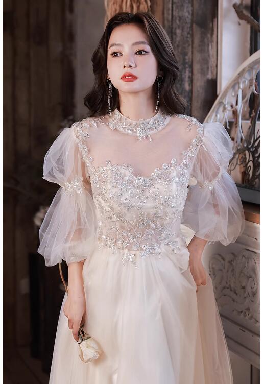 送料無料 イブニングドレス ロングドレス ライトシャンパン色 キラキラドレス ハイネック チュール ドレス 姫系 お姫様 パーティードレス ロング丈 演奏会用ドレス コンサート コンクール コンテスト 発表会ドレス スパンコール 同窓会 司会 二次会 披露宴 お呼ばれ 花嫁