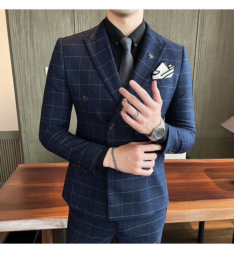 送料無料 メンズ タキシード ビジネススーツ チェック柄 スリムスーツ メンズスーツ 男性 スーツセット ジャケット＋パンツ+ベスト 3点セット成人式 カジュアルスーツ 二次会 フォーマル セレモニースーツ 出張 カジュアル 着痩せ 通勤 入学式 結婚式 忘年会 晩餐会 紳士服