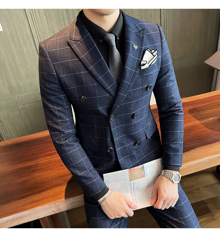 送料無料 メンズ タキシード ビジネススーツ チェック柄 スリムスーツ メンズスーツ 男性 スーツセット ジャケット＋パンツ+ベスト 3点セット成人式 カジュアルスーツ 二次会 フォーマル セレモニースーツ 出張 カジュアル 着痩せ 通勤 入学式 結婚式 忘年会 晩餐会 紳士服