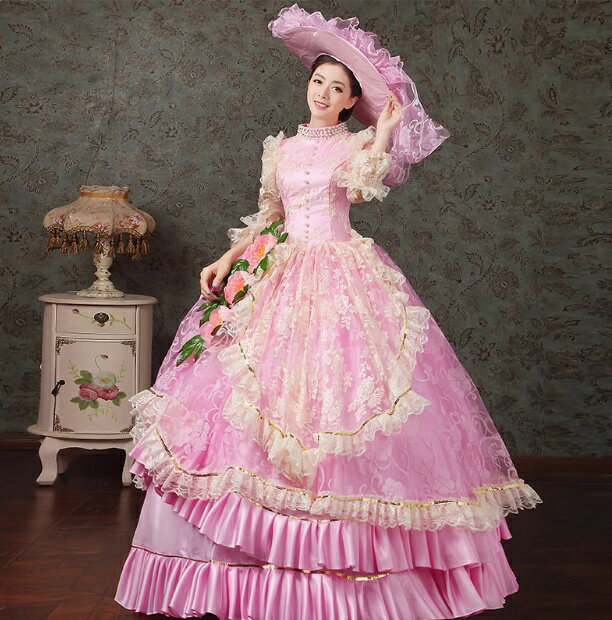 送料無料 貴族ドレス ロング ピンク お姫様ドレス 貴族ドレス パニエ付き 宮廷ドレス 高級感 ステージ..