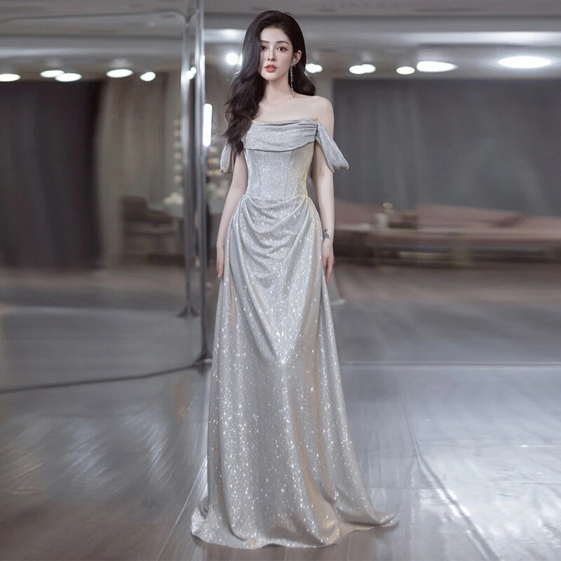 イブニングドレス オフショルダー キラキラ ドレス 袖付き ワンピース ピアノ 発表会 ロングドレス 演奏会 結婚式 母親 レディース ロング丈 ドレス 大人 ピアノ 発表会 披露宴 韓国 イブニングドレス ステージドレス パーティードレス 二次会 花嫁 同窓会 お呼ばれ
