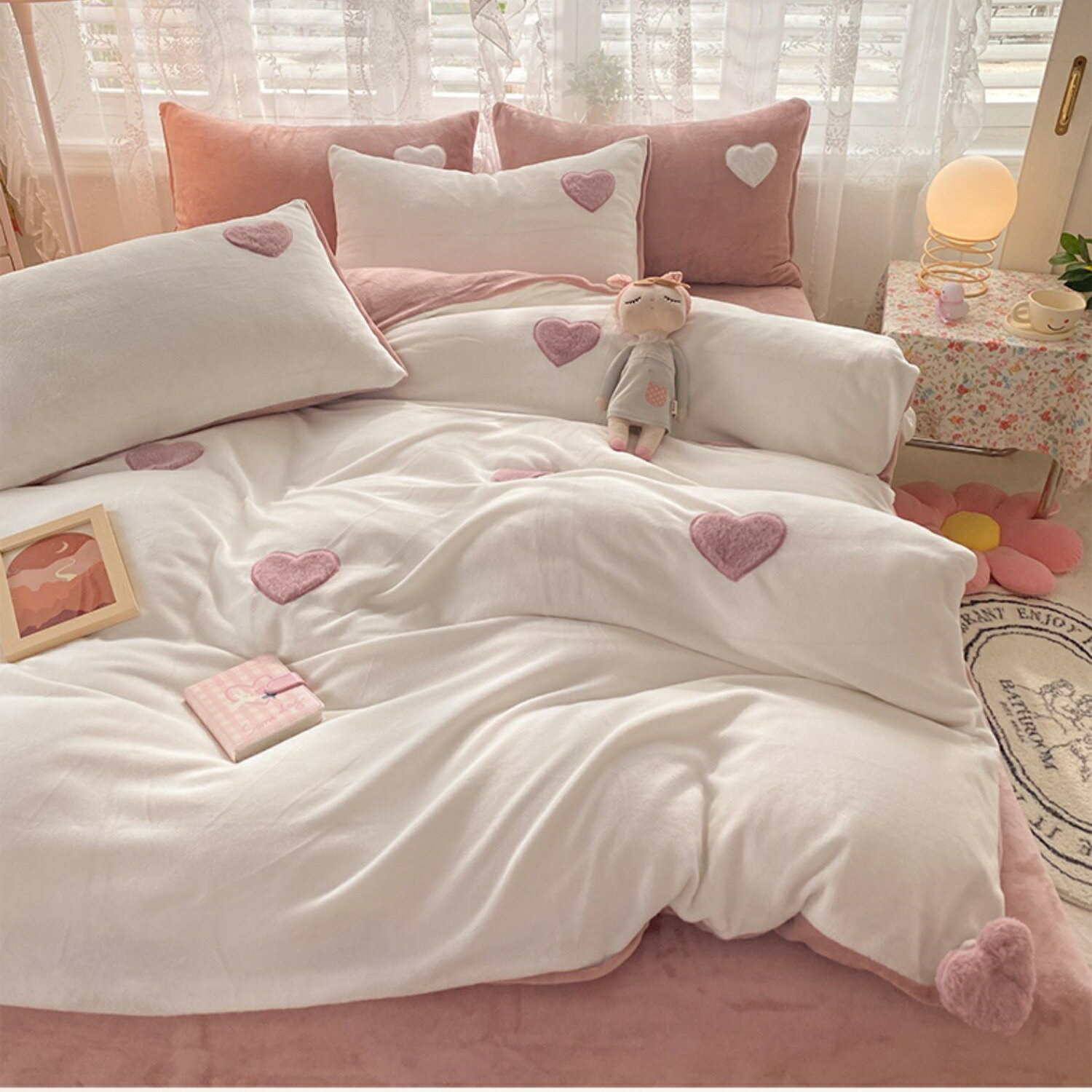 布団カバーセット 可愛いハート 姫系 女子 大人 秋冬 フランネル 厚手 ふわふわ 暖かい シングル ダブ..