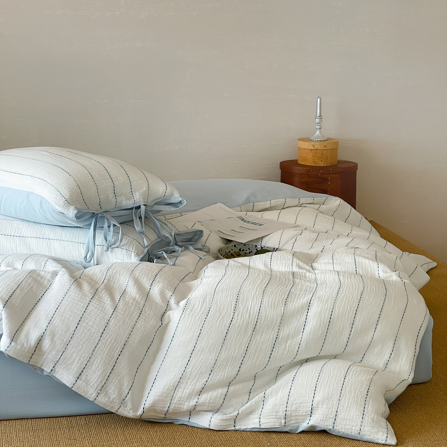 布団カバーセット ブルー ストライプ柄 北欧 シーツセットボックスシーツ/フラットシーツ ダブル クイ..