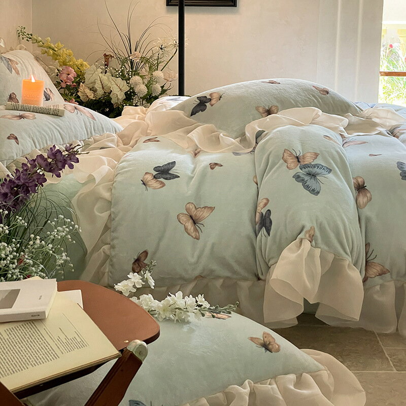 布団カバーセット 秋冬 可愛い 姫系 蝶 フリル付き 暖かい 3点4点セット 寝具カバーセット ふわふわ シングル ダブル クイーン フランネル 掛け布団カバー フラットシーツ 枕カバー 防寒対策 静電気防止 柔らか 誕生日プレゼント 洗える 厚手起毛 ins風 ベッド用品