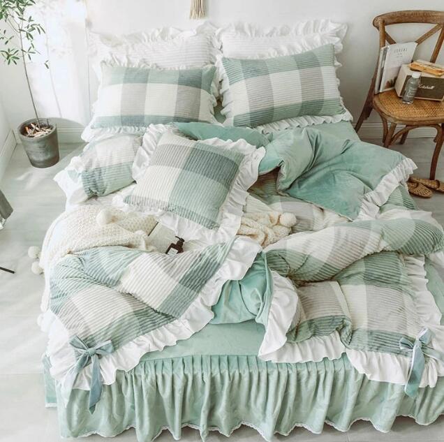 送料無料 布団カバーセット チェック柄 フレア フリル付き 可愛い 韓国風 フランネル 寝具カバーセット..