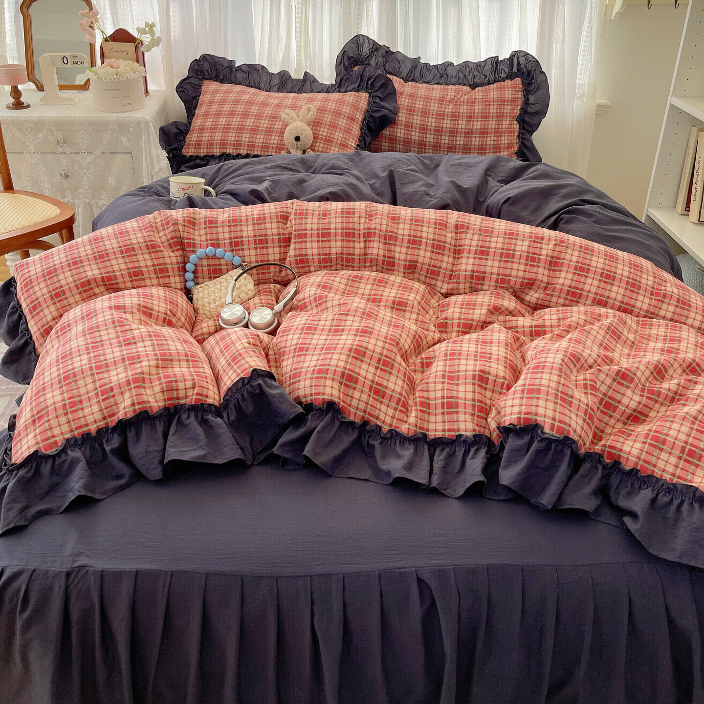 布団カバーセット シングル チェック柄 可愛い 姫系 3点セット韓国風 姫系 可愛い 掛け布団カバー フリ..