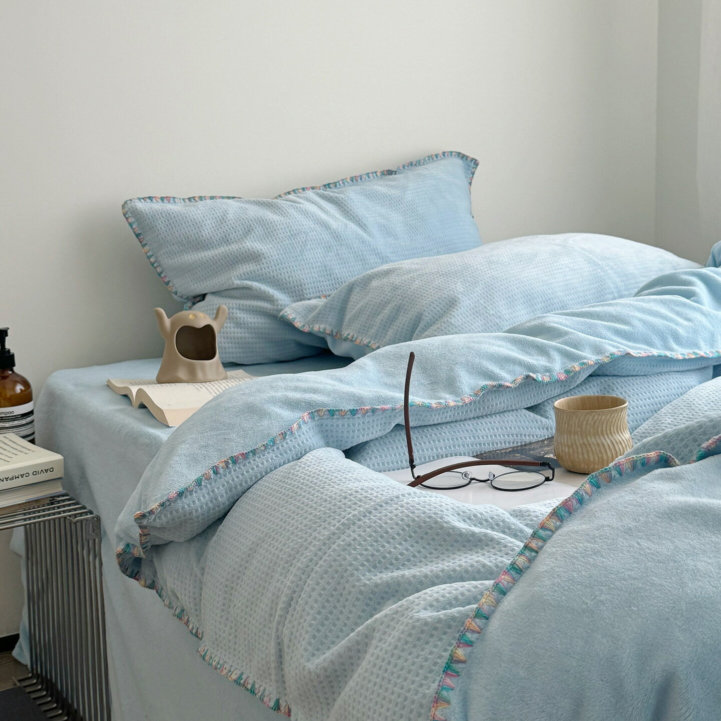 布団カバーセット ins風 北欧風 レトロ ワッフル模様 フランネル 暖かい ふわふわ シングル ダブル ク..