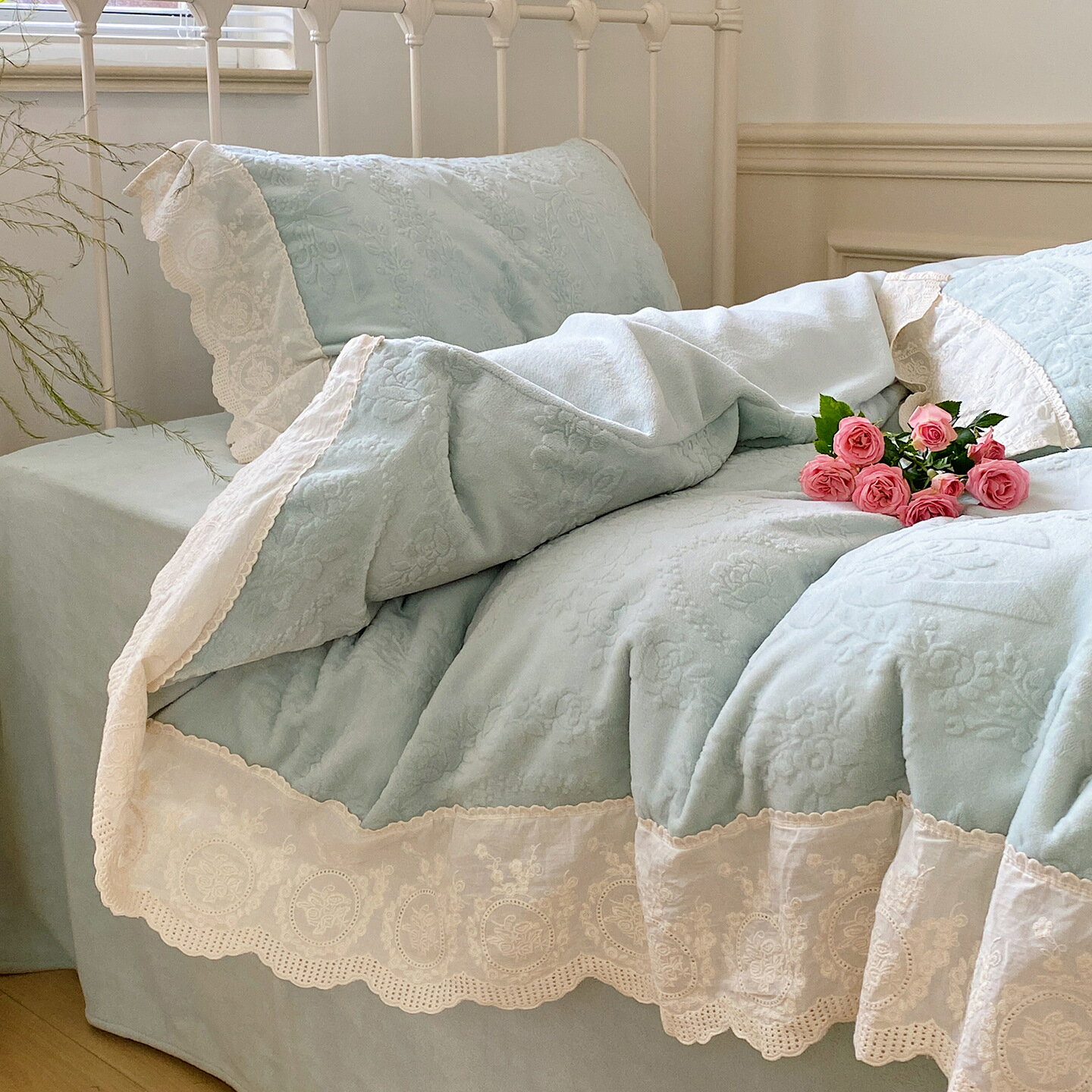 布団カバーセット 可愛い 姫系 花柄 レース フランネル 秋冬 暖かい ふわふわ ダブル クイーン 掛け布..
