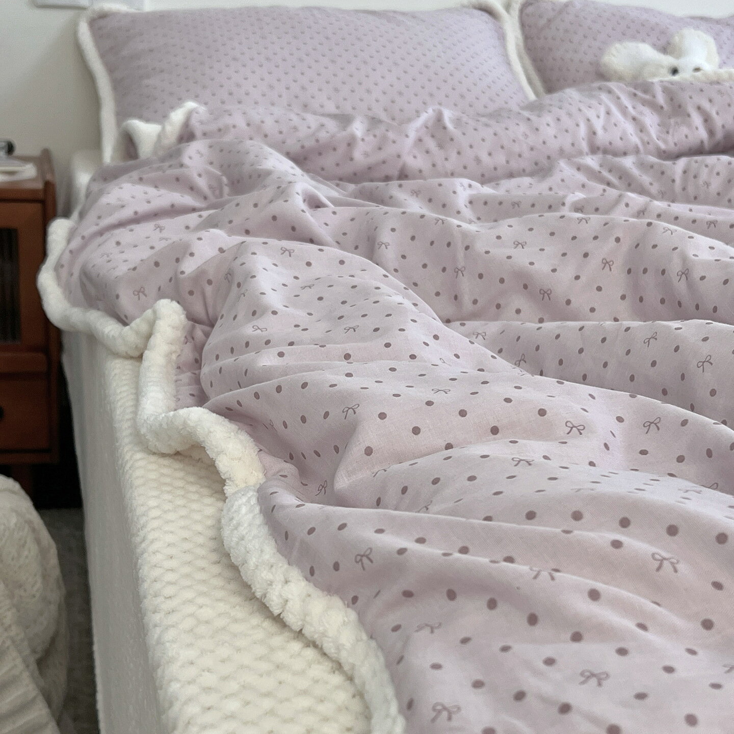 布団カバーセット 可愛い 姫系 ドット柄 レース フリル 秋冬 暖かい ふわふわ シングル ダブル クイー..