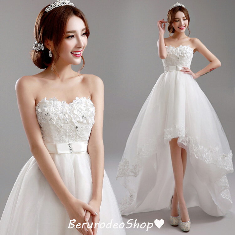 ウェディングドレス ノースリーブ ビスチェドレス ショート丈 花嫁ドレス 結婚式ドレス 可愛い 二次会ドレス 海外挙式 ウェディングドレス 白 トレーンドレス フラワー ホワイトドレス 演奏会ドレス 送料無料