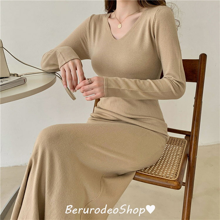 ニットワンピース ロングワンピース Vネック 30代 40代 カジュアル ロングニットワンピース 黒 ベージュ コーヒー色 無地 インナーウェア ミモレ丈ワンピース ニット ブラック 秋冬新作 S M L XL 送料無料