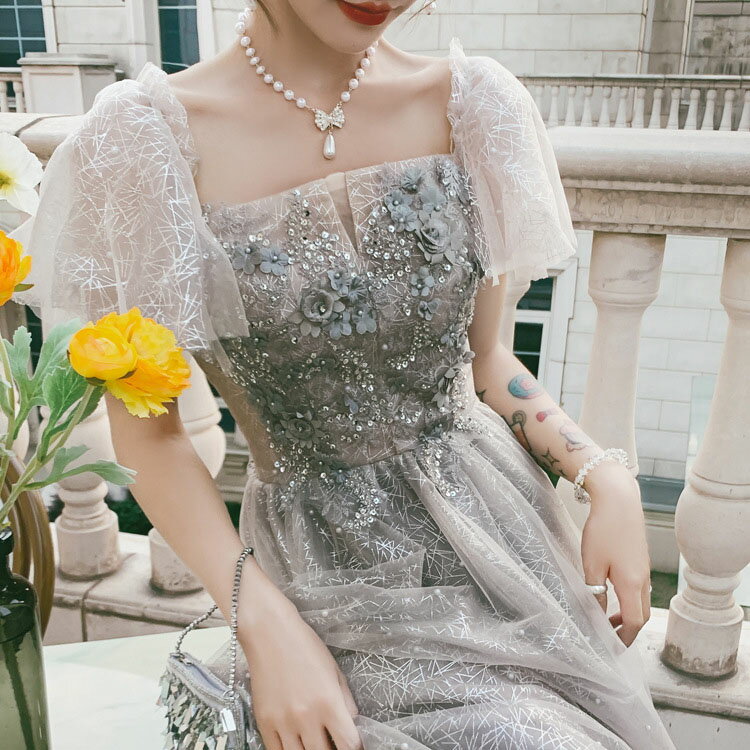 送料無料 イブニングドレス グレー 花柄 キレイめ 発表会ドレス ロングドレス 黒 ブラック 結婚式ドレス 二次会ドレス お呼ばれドレス ロング丈 Aライン 演...