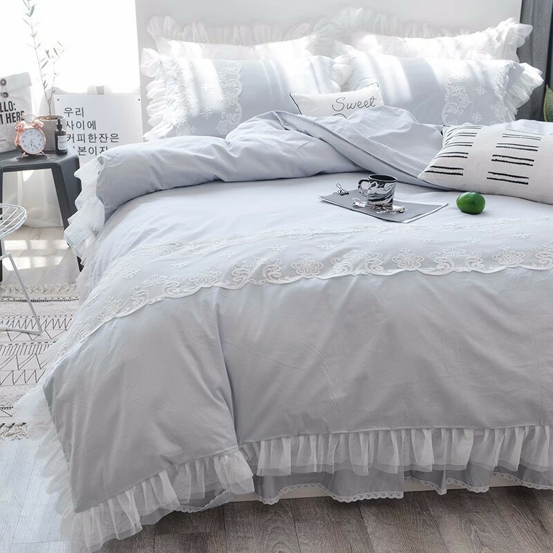 送料無料 全5色 布団カバーセット 白 グレー レース フリル 韓国風 無地 寝具カバーセット 3点セット 4..