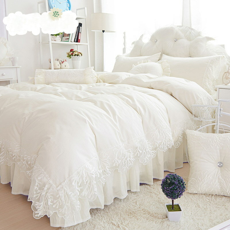 送料無料 全5色 布団カバーセット 白 レース 韓国風 コットン100% 寝具カバーセット 3点セット 4点セッ..