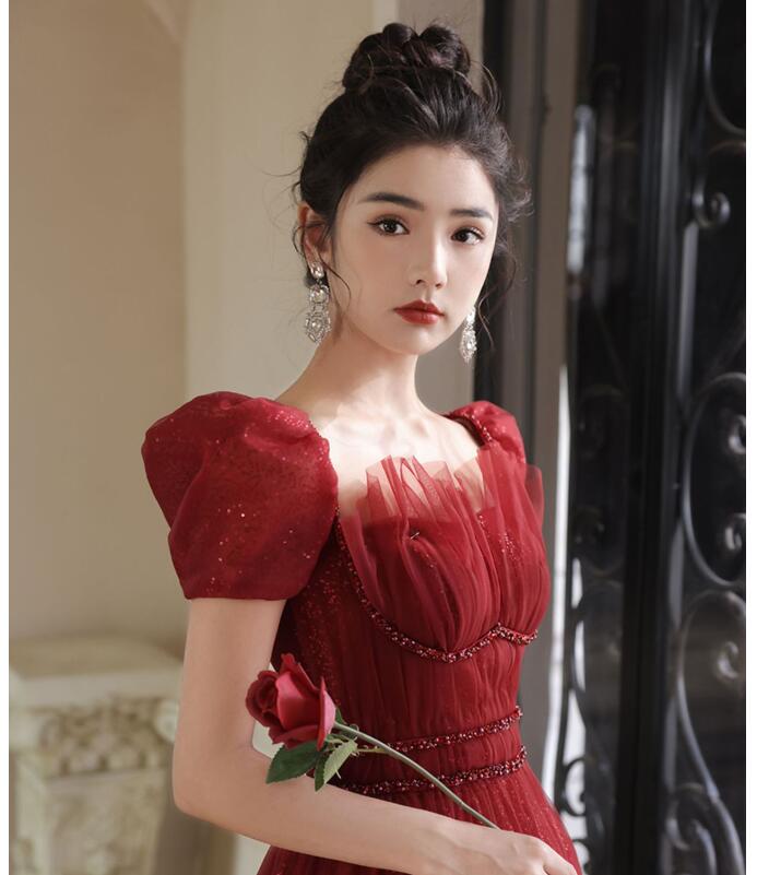 送料無料 イブニングドレス ロングドレス 高級感 ワイン赤 姫系 結婚式ドレス 二次会ドレス パフスリーブ 優雅 Aライン 半袖 編み上げ 発表会ドレス キラキラドレス 演奏会ドレス お呼ばれドレス 成人式ドレス 20代 30代 40代 撮影