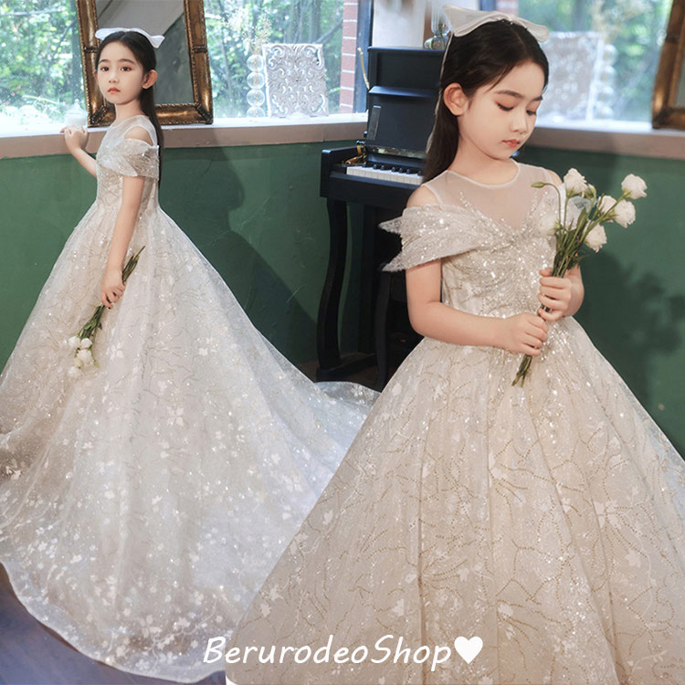 ピアノ発表会ドレス 子供ドレス スパンコール キラキラドレス 素敵 キレイめ 女児ドレス トレーンドレス 演奏会ドレス 女の子 白 ホワイトドレス オフショルダー 肩出し キッズドレス 子どもドレス ステージドレス 演出服 フォーマル 110-160cm 送料無料