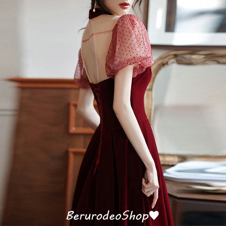 イブニングドレス ワイン赤 ロングドレス パフスリーブ ドット ワインレッド ゲストドレス 結婚式ドレス 二次会ドレス ハイネック 立ち襟 オシャレ キレイめ 発表会ドレス パーティードレス ロング丈 Aライン 20代 30代 送料無料