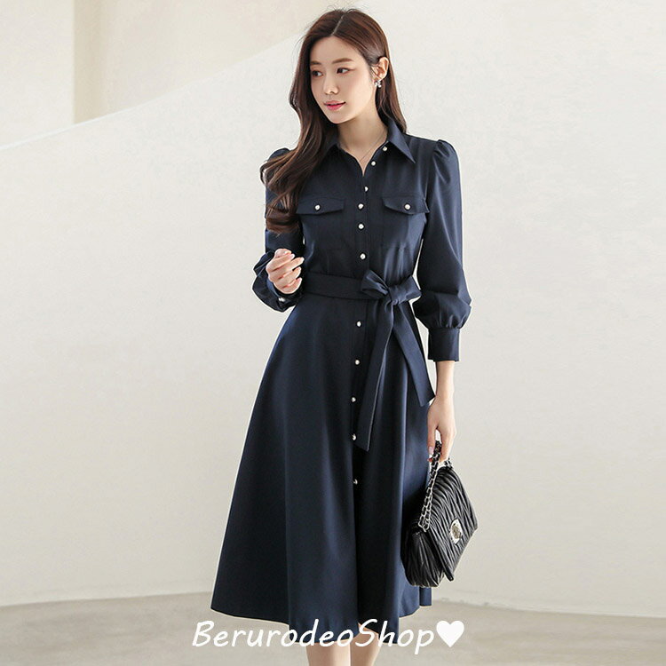 シャツワンピース ネイビー 30代 40代 Aラインワンピース 通勤 OL 韓国風ワンピース ロングワンピース ..