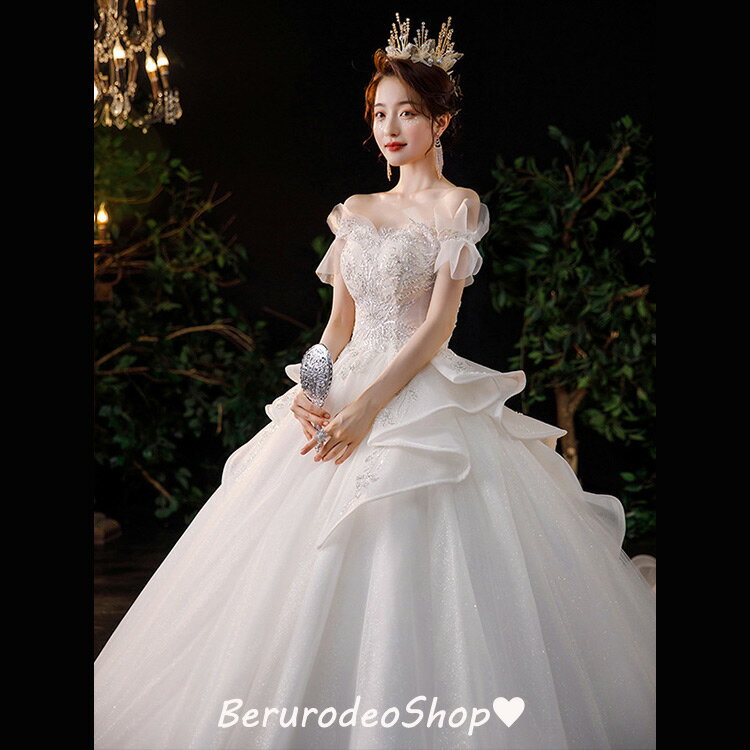 ウェディングドレス オフショルダー Vネック ウェディングドレス スパンコール キラキラ キレイめ 結婚式ドレス 二次会ドレス 花嫁ドレス 袖あり 白 ホワイトドレス Aライン トレーンドレス 海外挙式 披露宴 S~XXXL 送料無料