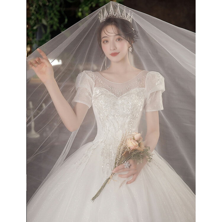 送料無料 ウェディングドレス 白 袖あり パフスリーブ ビーズ スパンコール キレイめ 花嫁ドレス 結婚式ドレス 花柄 ウェディングドレス 二次会ドレス ロング ブライダルドレス ホワイトドレス 海外挙式 S M L XL XXL