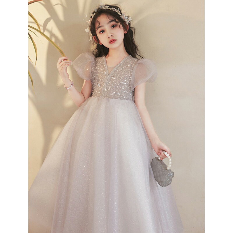 送料無料 子供ドレス ピアノ発表会 ロングドレス グレー 演奏会ドレス 女児ドレス フォーマル スパンコール キラキラ チュール ドレス 女の子 キッズドレス 子どもドレス ショート丈 可愛い 七五三ドレス 結婚式 100~160cm