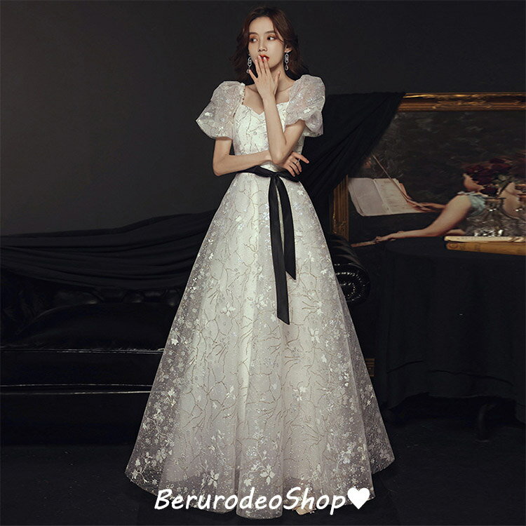 イブニングドレス ロングドレス パフスリーブ 花柄 オシャレ パーティードレス 白 エレガント 優雅 結婚式ドレス 二次会ドレス Vネック お呼ばれドレス 送料無料