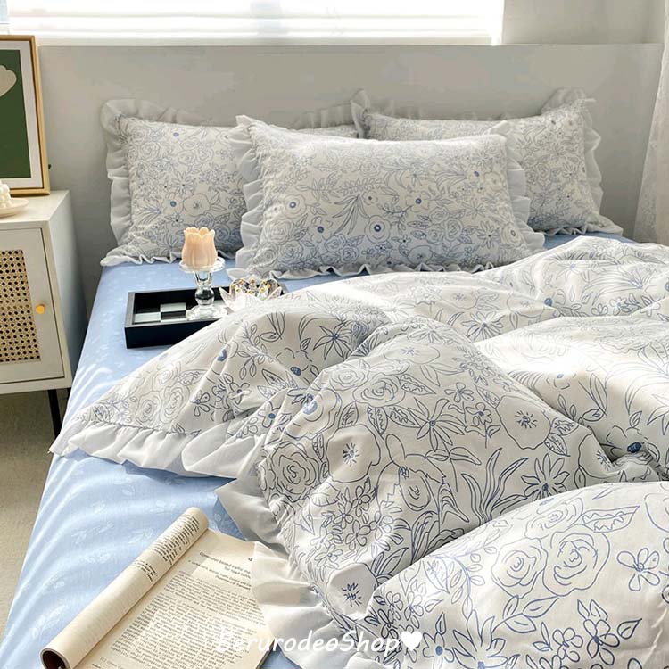 送料無料 布団カバーセット フリル 花柄 可愛い 寝具カバーセット 3点セット 綿100% 掛け布団カバー 敷きカバー シーツカバー コットン 上品 肌触り良い ベッド用品 寝室コーデ 洗える 春 夏い 6色選択可