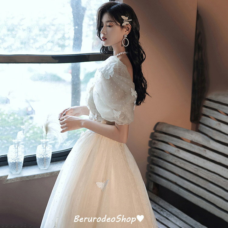 送料無料 イブニングドレス ライトシャンパン色 蝶柄 オシャレ キレイめ 結婚式ドレス 二次会ドレス パフスリーブ ロングドレス 発表会ドレス 演奏会ドレス チュール 姫系 パーティードレス お呼ばれドレス