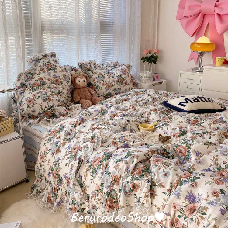 送料無料 布団カバーセット 花柄 フリル レース キレイめ 寝具 布団カバー 敷きカバー 綿100% 3点セッ..