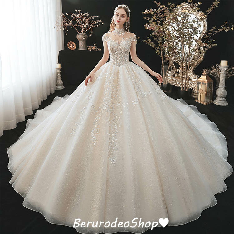 送料無料 ウェディングドレス 袖あり 立ち襟 ライトシャンパン色 ウェディングドレス ブライダルドレス ビーズ パール スパンコール 豪華 高級感 花嫁ドレス トレーン 結婚式ドレス 二次会ドレス 海外挙式 Aライン S M L XL XXL XXXL