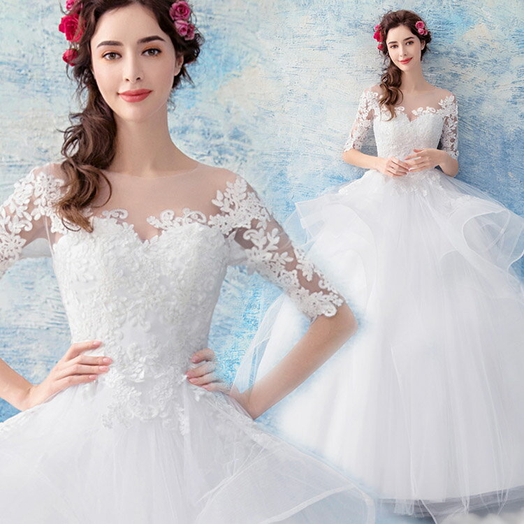 送料無料 ウェディングドレス 袖あり レース フリル プリンセスドレス ロングドレス 結婚式 花嫁ドレス ブライダルドレス Aライン 白 ドレス 二次会ドレス ホワイトドレス 5分袖 チュール 海外挙式 XS S M L XL XXL XXXL