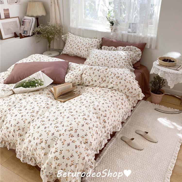 送料無料 布団カバーセット 韓国風 花柄 フリル 可愛い 洋式 和式 寝具カバーセッ 綿100% ト 上品 肌触..