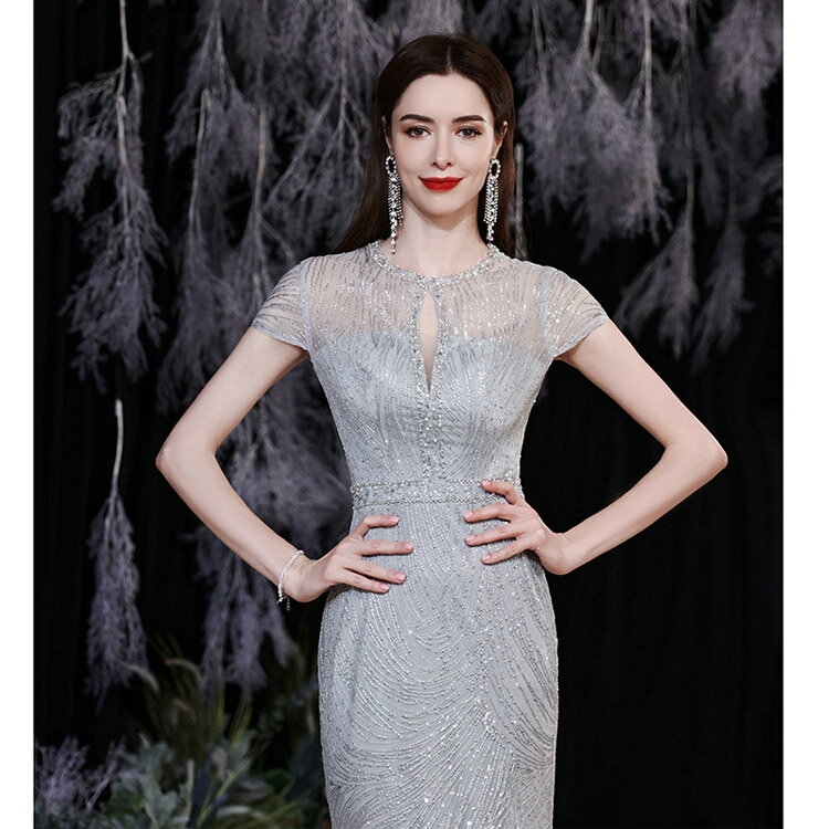 送料無料 マーメイドドレス グレー ロングドレス イブニングドレス マーメイドライン ビーズ スパンコール 素敵 キレイめ 発表会ドレス タイトドレス パーティードレス ロング丈 大きいサイズ XS S M L XL XXL XXXL 2