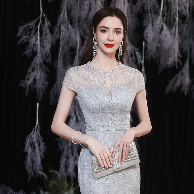 送料無料 マーメイドドレス グレー ロングドレス イブニングドレス マーメイドライン ビーズ スパンコール 素敵 キレイめ 発表会ドレス タイトドレス パーティードレス ロング丈 大きいサイズ XS S M L XL XXL XXXL 3