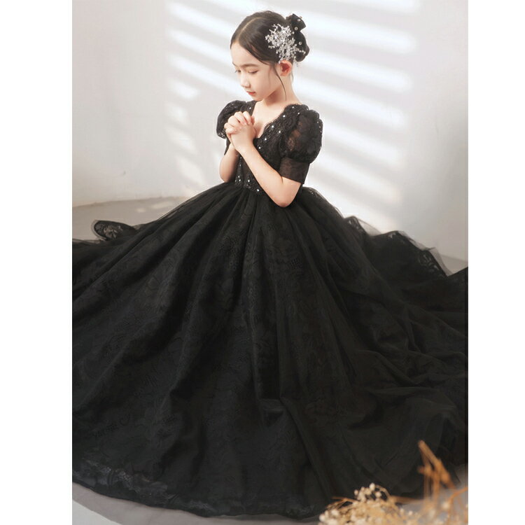 送料無料 子供ドレス ロングドレス 黒 ピアノ発表会ドレス ブラック 花柄 レース 女児ドレス パフスリーブ Vネック キッズドレス 女の子 演奏会ドレス フォーマル エレガント 110 120 130 140 150 160