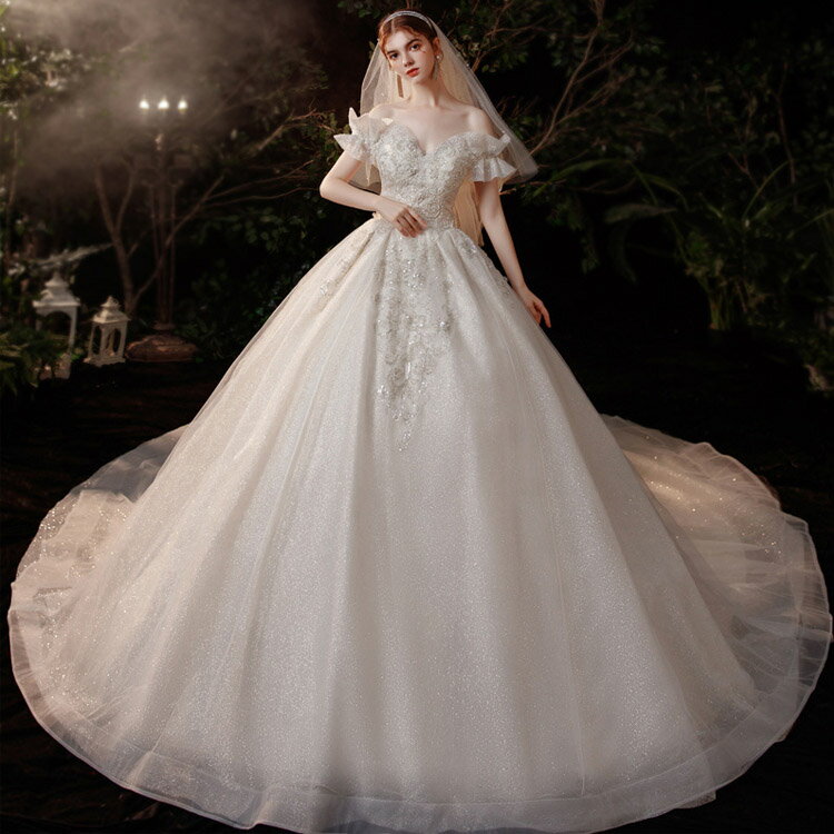 送料無料 ウェディングドレス オフショルダー Vネック 可愛い 花嫁ドレス ブライダルドレス スパンコール キラキラ ロングドレス トレーンドレス 結婚式ドレス Aライン 海外挙式 ウェディング 二次会 S M L XL XXL