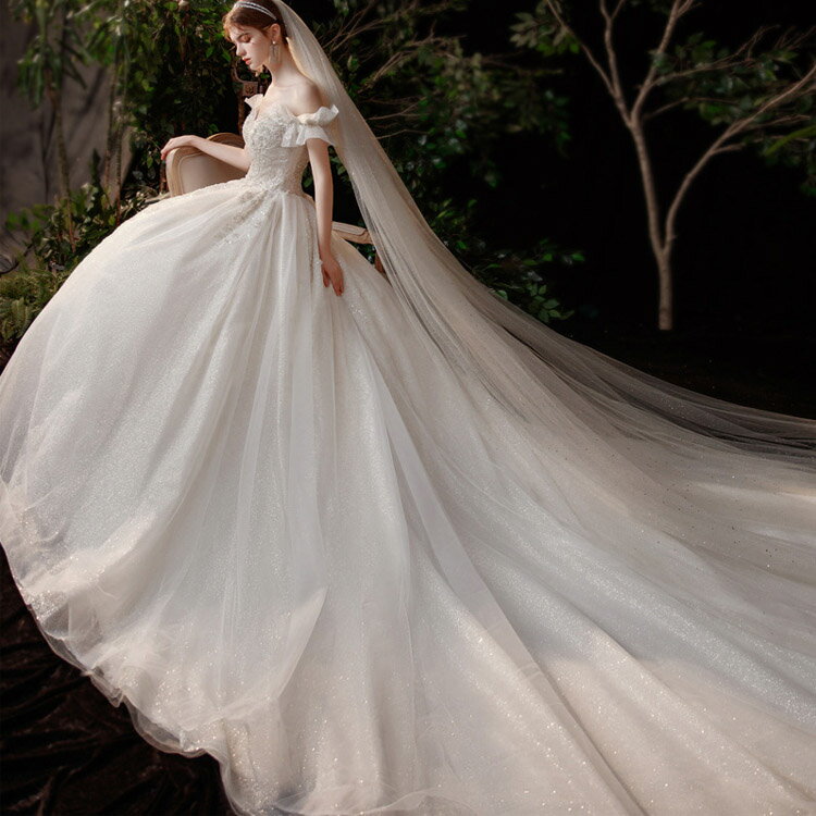 送料無料 ウェディングドレス オフショルダー Vネック 可愛い 花嫁ドレス ブライダルドレス スパンコール キラキラ ロングドレス トレーンドレス 結婚式ドレス Aライン 海外挙式 ウェディング 二次会 S M L XL XXL