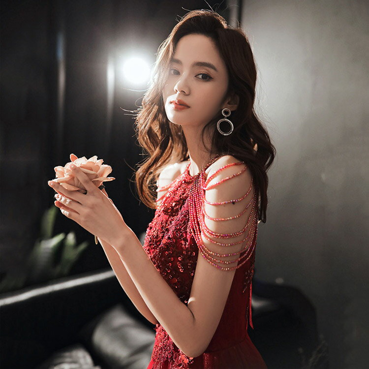 送料無料 イブニングドレス ワイン赤 ホルターネック フリンジ キレイめ ミモレ丈ドレス 結婚式ドレス 二次会ドレス ロングドレス 発表会ドレス ワインレッド 演奏会ドレス Aライン パーティードレス XS S M L XL XXL XXXL